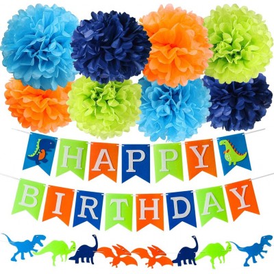 Dinosaur Party Decorations Set Felt Dinosaur Happy Birthday Banner Tissue Pom Poms for Kids Birthday Party Baby Shower