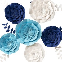 Giant Paper Flowers, Large Handcrafted Paper Flowers (Navy Blue, Beige, Aqua Blue, Set of 6) for Wedding Backdrop, Bridal Shower