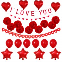 Valentines Day Party Decorations Kit Red Heart Garland Banner I LOVE YOU bunting, Heart Paper Fans  Paper Pompoms foil balloon,