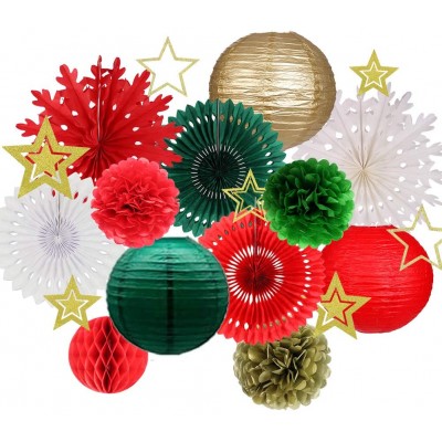 Christmas Party Decorations, Christmas Paper Lanterns Gold Star Pendant Hanging Snowflakes Paper Fan Pom Poms Flowers