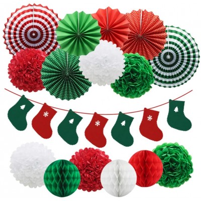 Christmas Party Decorations Hanging Paper Fans Christmas Socks Banner Pom Poms Flowers Paper Honeycomb Balls