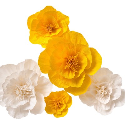 Paper Flower Decorations, Large Crepe Paper Flowers (Yellow, White, Set of 5), Handcrafted Flowers for Wedding Backdrop deco