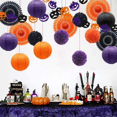 Hanging Halloween Party Decorations, Pumpkin Banner Paper Fans Paper Lanterns Tissue Pom Poms Flowers for  Birthday decoration