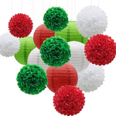 Hanging Party Decorations Set, 15pcs Red Green White Paper Flowers Pom Poms Balls and Paper Lanterns for Wedding decoration